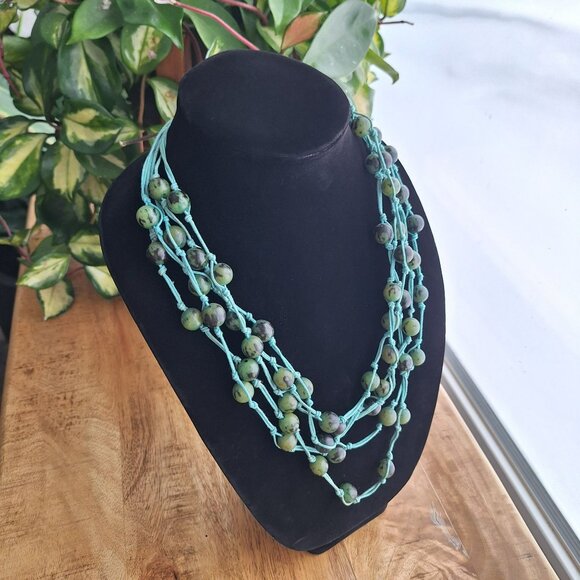 Handcrafted Multi Strand Necklace Green Beads‎ Blue Cord - Picture 6 of 6
